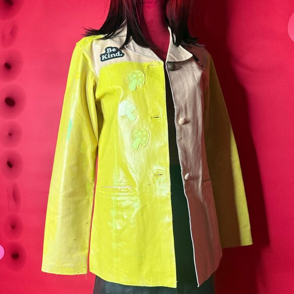 Hand-Painted Upcycled Leather Blazer | Neon Yellow + Cream | Unique Artsy Street - Picture 6 of 12